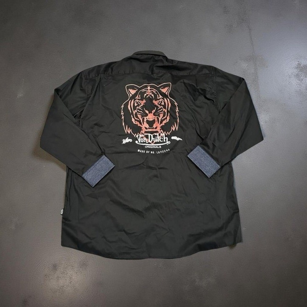 Von Dutch Men Button Down Shirt 2XL Black Tiger Graphic Y2K Denim Cuffs NWOT - Picture 1 of 9